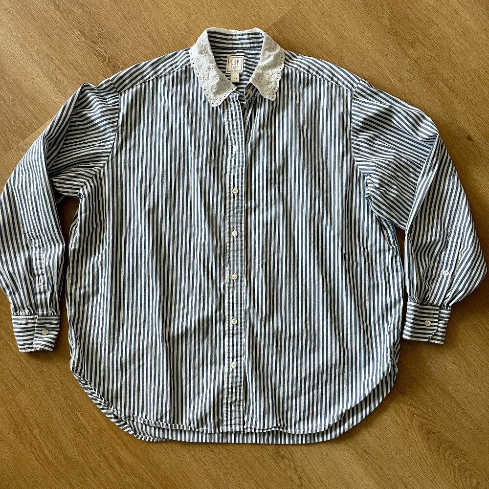 Striped Blue Button-Down Shirt with Eyelet Collar - Picture 5 of 8